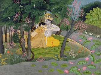 Radha y Krishna se abrazan en un bosque de árboles en flor, c.1780