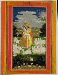 Radha y Krishna se abrazan en un paisaje idealizado con vacas, c.1780