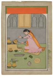 Radha en la cocina, c. 1810 (pigmentos opacos y oro sobre wasli)