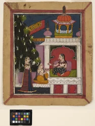 ? Raga: Un hombre arrodillado ofrece un libro a una dama en un pabellón, c.1800