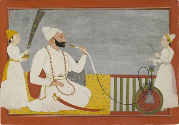 Raja Ajmat Dev de Mankot fumando una pipa, c.1730