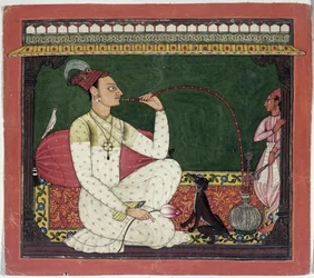Raja Medini Pal, inscrito en el reverso en caracteres Takari bilauria medini pal, Basohli, Himachal Pradesh, Escuela Pahari, 1735