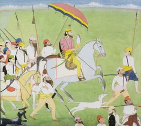 Rajah Dhian Singh cazando con compañeros, c.1834-40