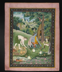 Rama, Lakshmana y Sita cocinando y comiendo en el desierto, c.1820
