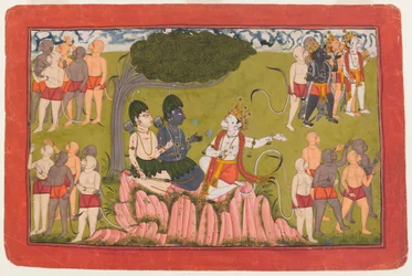 Rama y Lakshmana confieren con Sugriva sobre la búsqueda de Sita, folio de una serie dispersa del Ramayana, c.1770-10