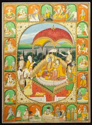 Rama y Sita entronizados, adorados por Shiva, Hanuman y otros, 1800-20