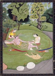 Rama recostado contra Sita, mientras su hermano Laksman le saca una espina del pie, 1845