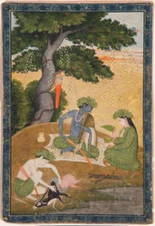 Rama, con Sita y Lakshmana en el bosque, del Ramayana, c.1790