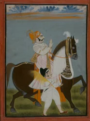 Rawat Bhim Singh de Salumbar montando a Nur