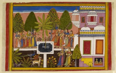 Rāma y Sītā se relajan en la arboleda de aśoka, disfrutando del vino y la música, rodeados del exuberante jardín.