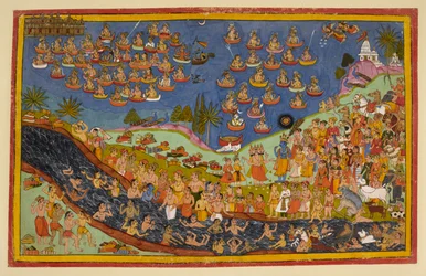 Rāma asciende al cielo con sus seguidores, y el pueblo de Ayodhyā alcanza mokṣa.