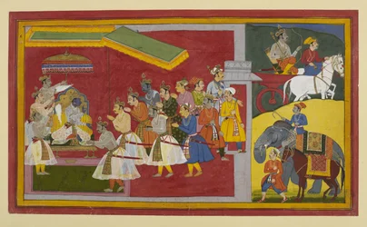 Rāma se despide de sus aliados al comenzar su reinado dorado, Rām-rājya.