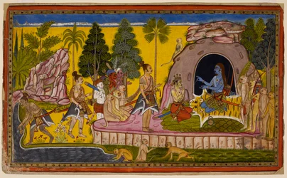 Rāma corona a Vibhīṣaṇa rey de Laṅkā y se dispone a buscar la ayuda del Océano para crear un camino hacia Laṅkā. 1653 (miniatura)
