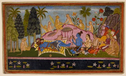 Rāma, en su piel de tigre, pasa tres días suplicando al Océano, pero éste sigue sin responder. c1653 (miniatura)