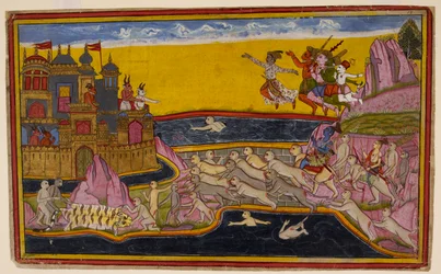 Rāma, con la ayuda del mono ingeniero Nala, construye un puente sobre el mar hacia Laṅkā, permitiendo el paso de los monos y los demonios, c.1653 (miniatura).