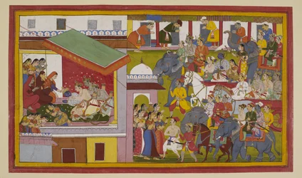 La procesión triunfal de Rāma entra en Ayodhyā; se inclina ante las reinas.