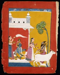 Rukmini ofreciendo agua al sabio Narada mientras su consorte Krishna se sienta en su casa, c.1725-1730