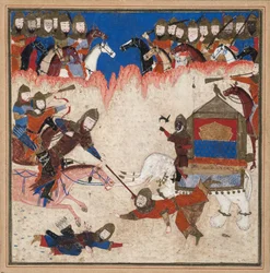 Rustam enlaza al Khaqan de China y lo saca de su elefante, c.1450