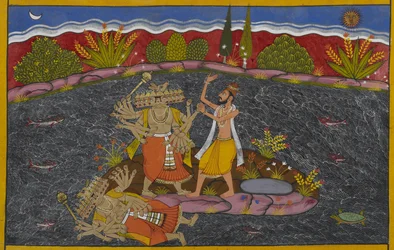 Rāvaṇa lucha contra el mahāpuruṣa, el sabio Kapila, que lo vence.