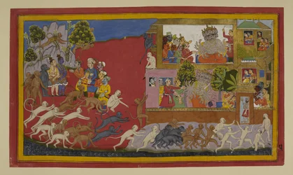Rāvaṇa engaña a Sītā con una cabeza falsa; los monos exploran Laṅkā.