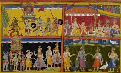 Rāvaṇa interrumpe un sacrificio, los dioses se esconden como animales, luego se revelan