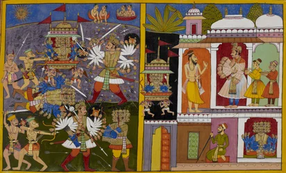 Rāvaṇa es derrotado y capturado por Arjuna, luego es liberado a petición de Poulastya