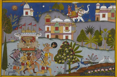 Rāvaṇa marcha a Devaloka mientras Indra se mueve para reunir a los dioses y buscar la ayuda de Viṣṇu.