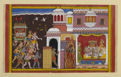 Rāvaṇa se encuentra con Bali en un palacio custodiado por Viṣṇu, que desaparece, perdonándole la vida por ahora.