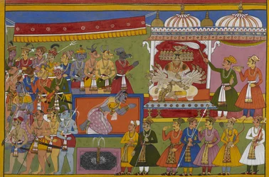 Rāvaṇa se sienta en su trono mientras su hermana Śūrpaṇakhā llora la muerte de su marido por su mano.