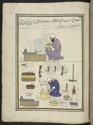 guarnicioneros,  86 dibujos encuadernados en un volumen que representa oficios y ocupaciones en Cachemira, se muestra a los artesanos trabajando con sus implementos y equipos,  Por un artista de Cachemira, probablemente en Srinagar, c.1850-60 (gouache sobr