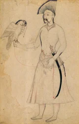 Shah Abbas I de Persia (1588-1629) sosteniendo un halcón, después de un original de principios del siglo XVII, Mughal, principios del siglo XIX