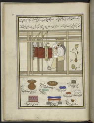 Chaleros tejiendo chales en un telar,  86 dibujos encuadernados en un volumen que representa oficios y ocupaciones en Cachemira, se muestra a los artesanos trabajando con sus implementos y equipos,  Por un artista de Cachemira, probablemente en Srinagar, c