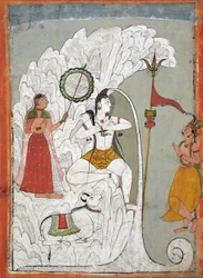 Shiva soportando el descenso del río Ganges, folio de un manuscrito hindi del santo Narayan, c.1740