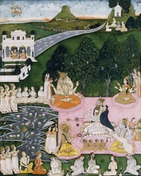 Shiva sentado en una piel de tigre, sosteniendo a Devi envuelta en un manto, c.1760