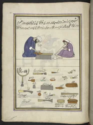 Zapatero y su esposa haciendo una zapatilla,  86 dibujos encuadernados en un volumen que representa oficios y ocupaciones en Cachemira, se muestra a los artesanos trabajando con sus implementos y equipos,  Por un artista de Cachemira, probablemente en Srin