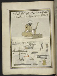 fabricante de sitar,  86 dibujos encuadernados en un volumen que representa oficios y ocupaciones en Cachemira, se muestra a los artesanos trabajando con sus implementos y equipos,  Por un artista de Cachemira, probablemente en Srinagar, c.1850-60 (gouache