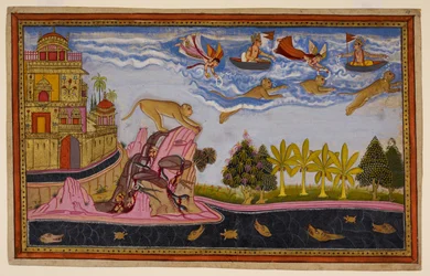 Sītā reza por Hanumān, que la tranquiliza y regresa, volando entre las nubes, bañado en flores. 1653 (miniatura)