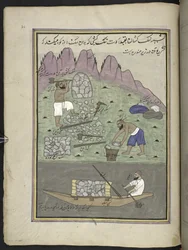 picapedreros,  86 dibujos encuadernados en un volumen que representa oficios y ocupaciones en Cachemira, se muestra a los artesanos trabajando con sus implementos y equipos,  Por un artista de Cachemira, probablemente en Srinagar, c.1850-60 (gouache sobre 