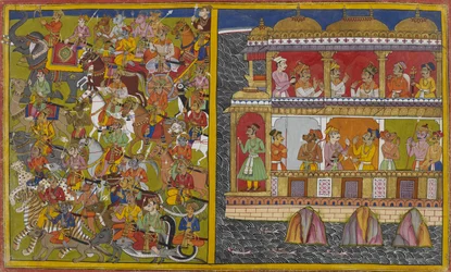 Los hijos de Sukeśa marchan desde Laṅkā para luchar contra Viṣṇu y los dioses.