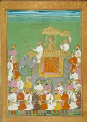 El sultán Akbar montando un elefante con la corte de Shah Alem