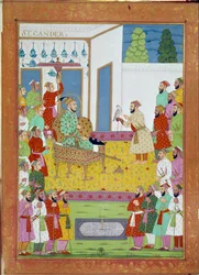 Sultán Iskander con la Corte de Shah Alem. Miniatura de una historia de viaje de Niccolo Manucci (1638 - 1717), explorador veneciano. India