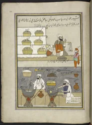 fabricantes de dulces,  86 dibujos encuadernados en un volumen que representa oficios y ocupaciones en Cachemira, se muestra a los artesanos trabajando con sus implementos y equipos,  Por un artista de Cachemira, probablemente en Srinagar, c.1850-60 (gouac