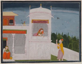 El brahmán Sudama y Rukmini en un palacio, página del episodio de Sudama de la serie Bhagavata Purana, c.1800 o posterior