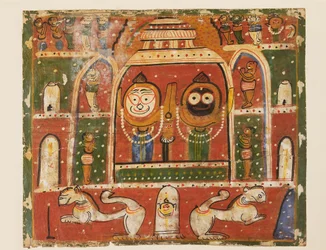 El Trío Jagannatha en el santuario de Puri