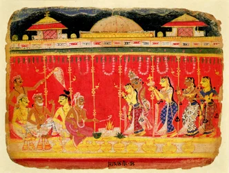 El matrimonio de los padres de Krishna, de un manuscrito disperso del Bhagavata Purana de Mewar, Rajasthan, c.1520-50