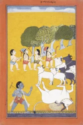 El joven Krishna mata al demonio Vatsasura, que vino en forma de ternero, c.1730-1740