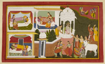 El nacimiento de los cuatro hijos del rey Dasaratha. Rama, Bharata, Lakshmana y Satrughna.