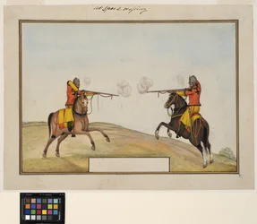 Dos soldados montados intercambiando disparos de rifle, c.1830