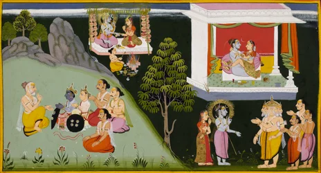 La boda de Uma y Siva, mientras los dioses, liderados por Brahma, buscan en Siva un hijo que los proteja.