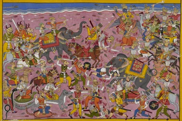 Viṣṇu lucha contra los demonios; Mali cae, atravesado por una lanza.